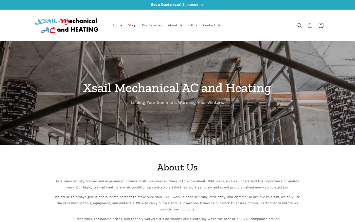 Desktop first-view capture of Xsail Mechanical showing a construction image, an AC and heating headline, and the start of an About Us section